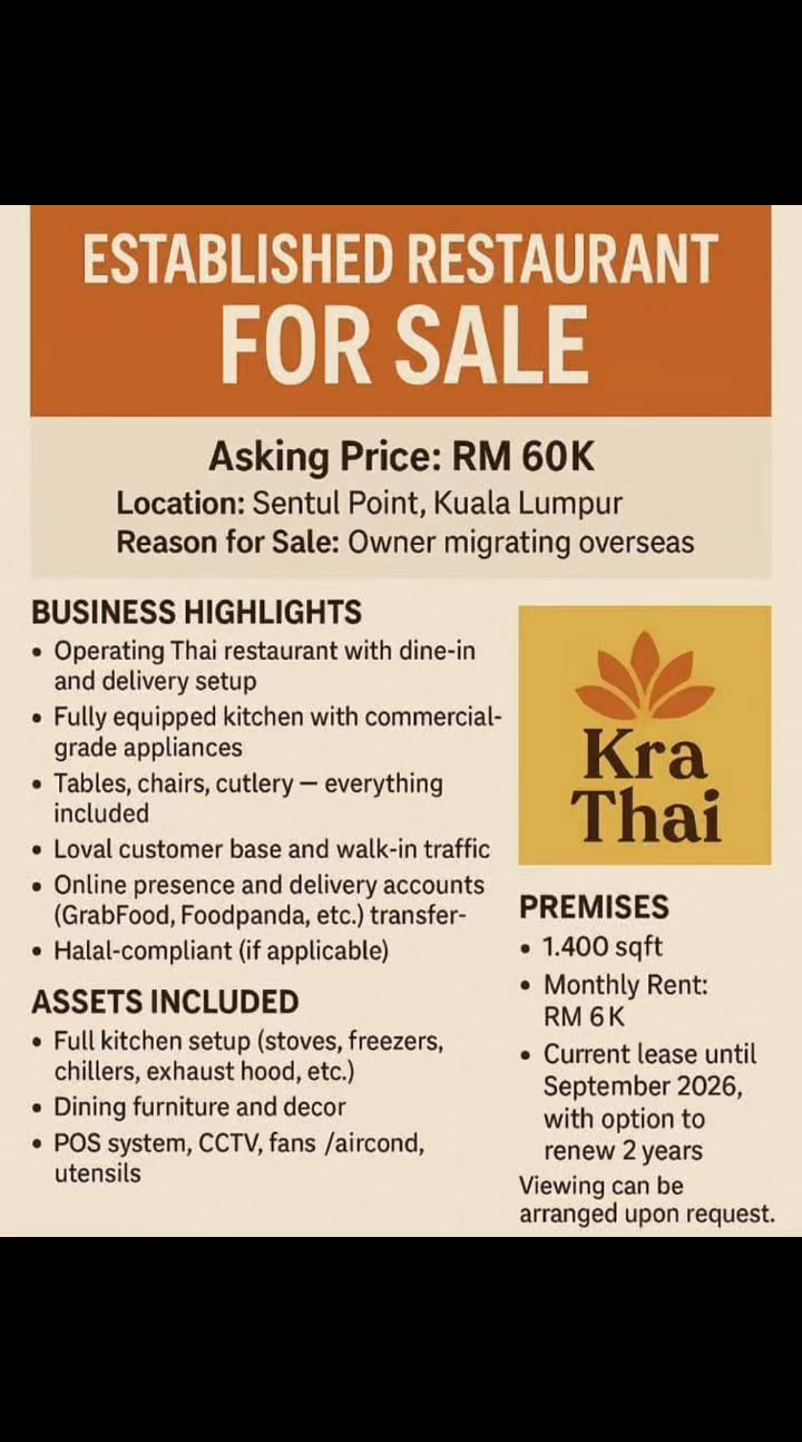  Thai Restaurant Business for Sale @ Sentul Point